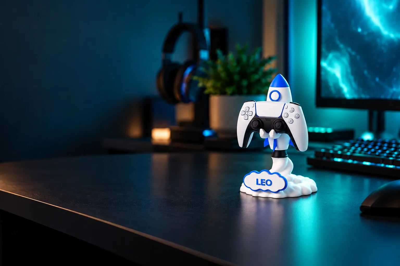 Suporte foguete branco e azul com controle branco e placa LEO sobre uma mesa gamer à noite, com luz turquesa do monitor e do teclado