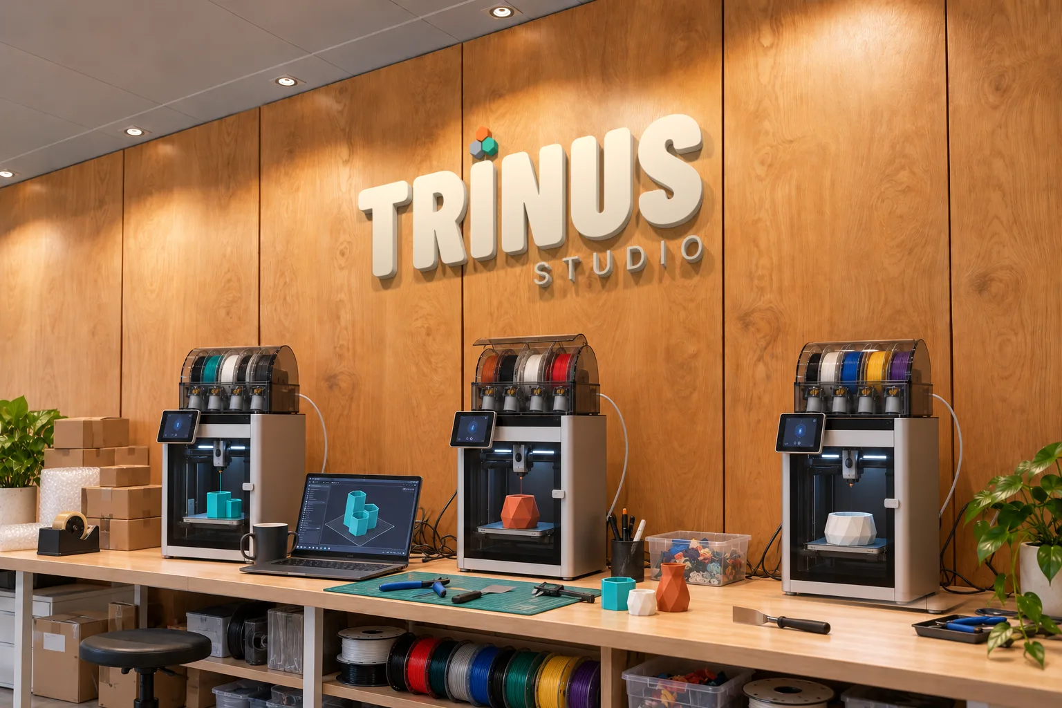 Estúdio da TRINUS: letreiro na parede de madeira e três impressoras 3D com peças pela metade, filamentos de várias cores, notebook e caixas de envio na bancada