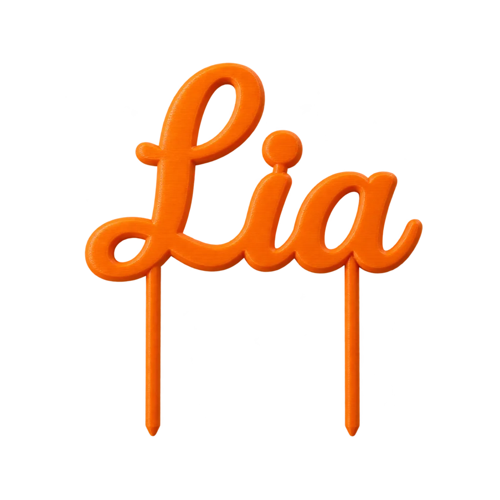 Topo de bolo laranja escrito Lia, visto de frente