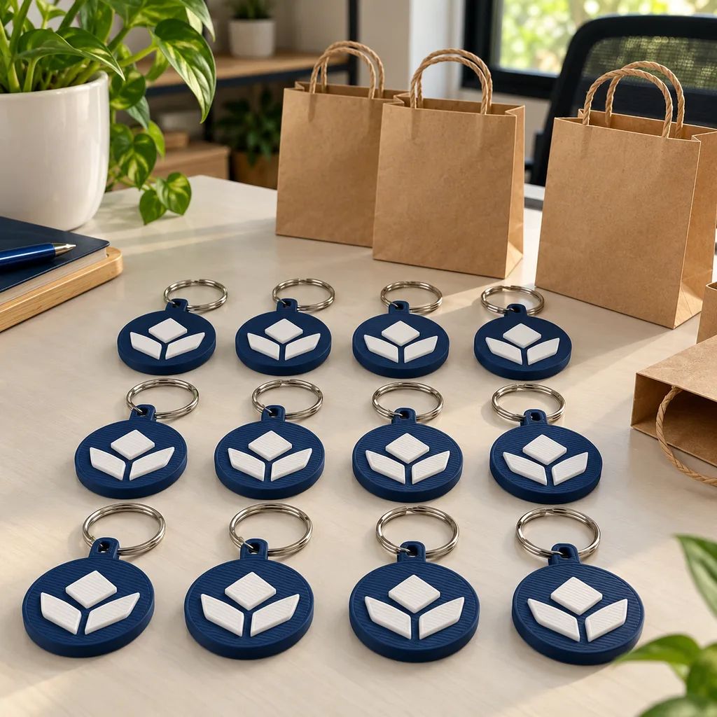 Doze chaveiros azul-marinho iguais com um símbolo geométrico, ao lado de sacolas de presente