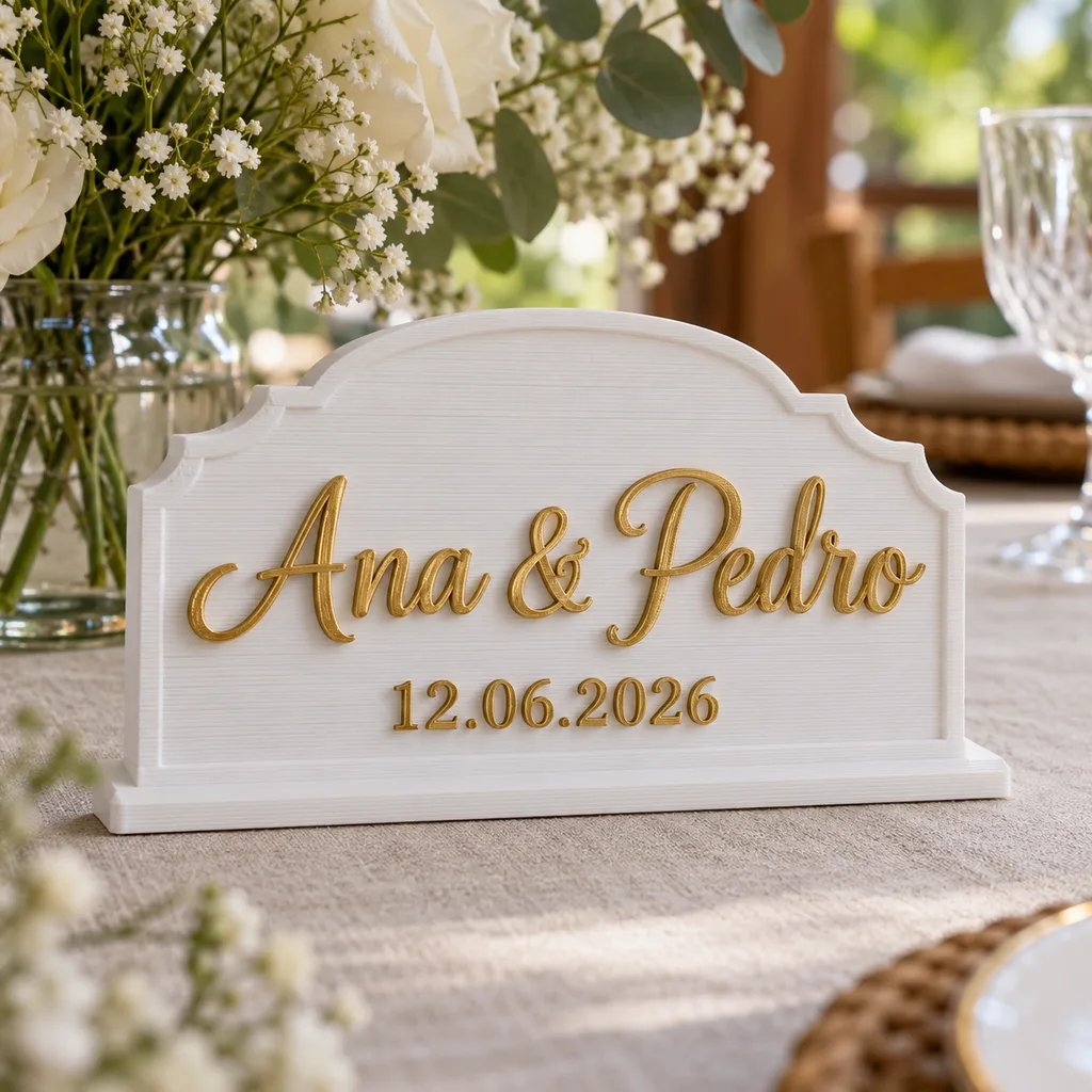 Placa branca com Ana & Pedro e a data 12.06.2026 em dourado, entre flores