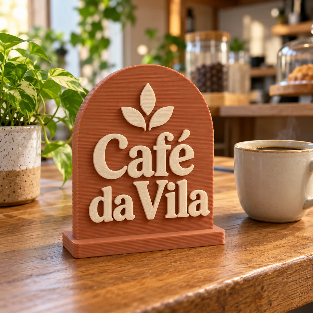 Letreiro terracota e creme escrito Café da Vila no balcão de um café