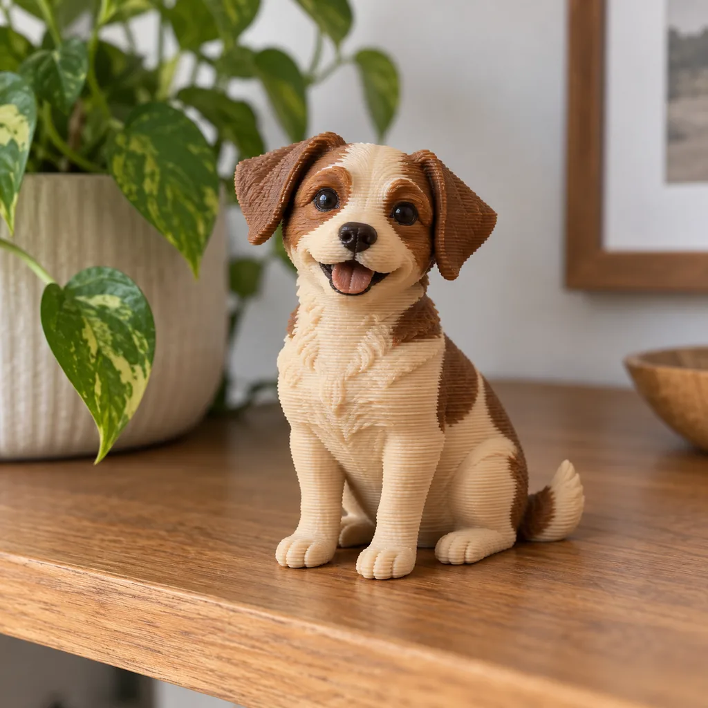 Miniatura de um cachorro bege e marrom sentado numa prateleira