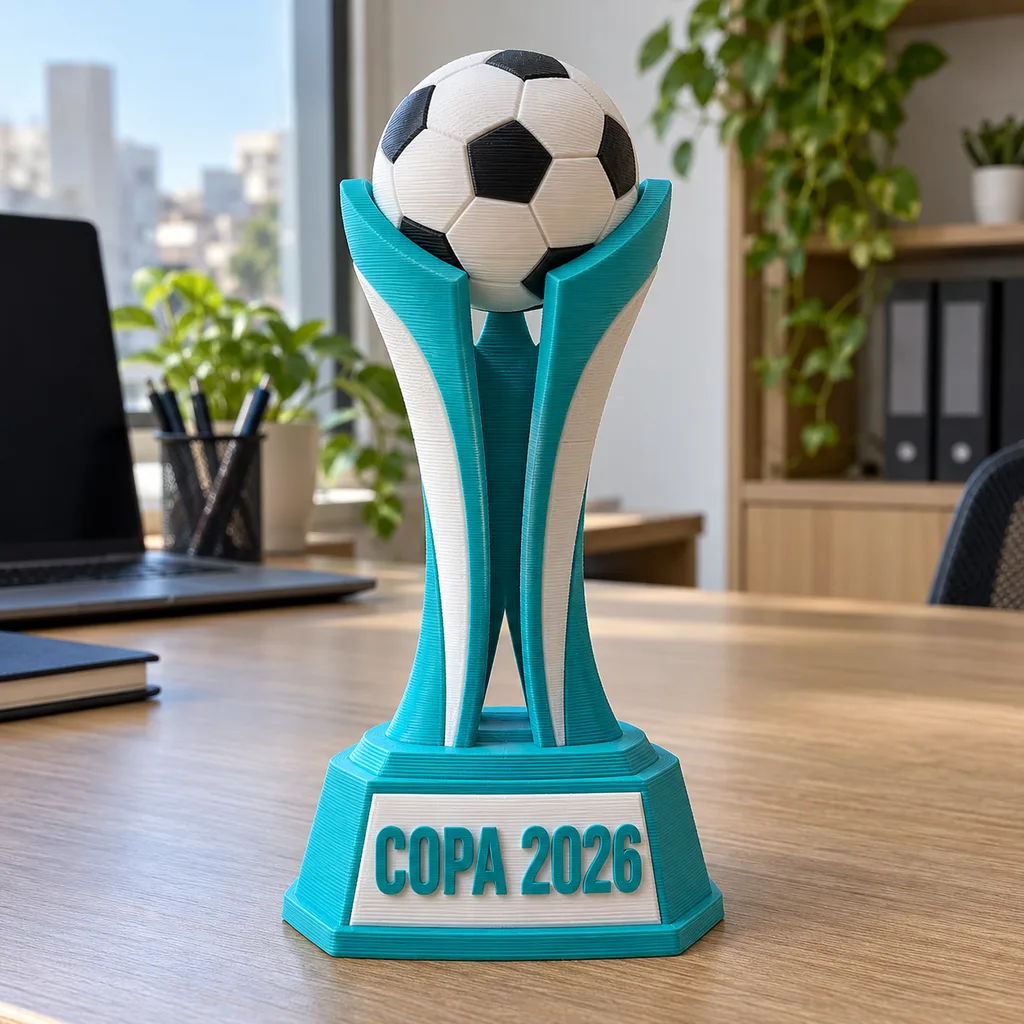 Troféu turquesa e branco com uma bola no topo e o texto COPA 2026